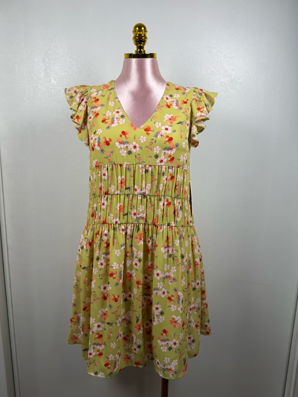Sienna Sky Floral Dress Size S Green Orange Ruffle Sleeve V-Neck Boho NWT